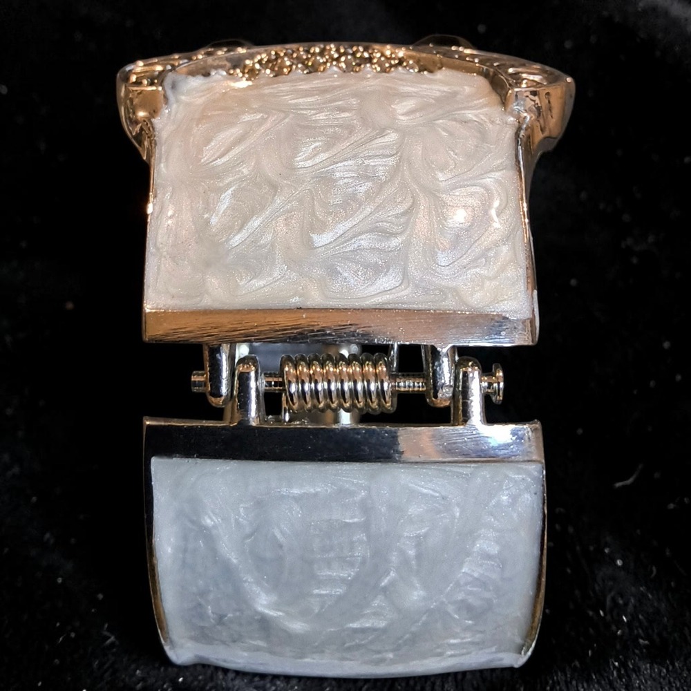 Silver Tone Owl Cuff Bracelet White Marbled Resin Statement Hinge Bangle - Picture 6 of 11